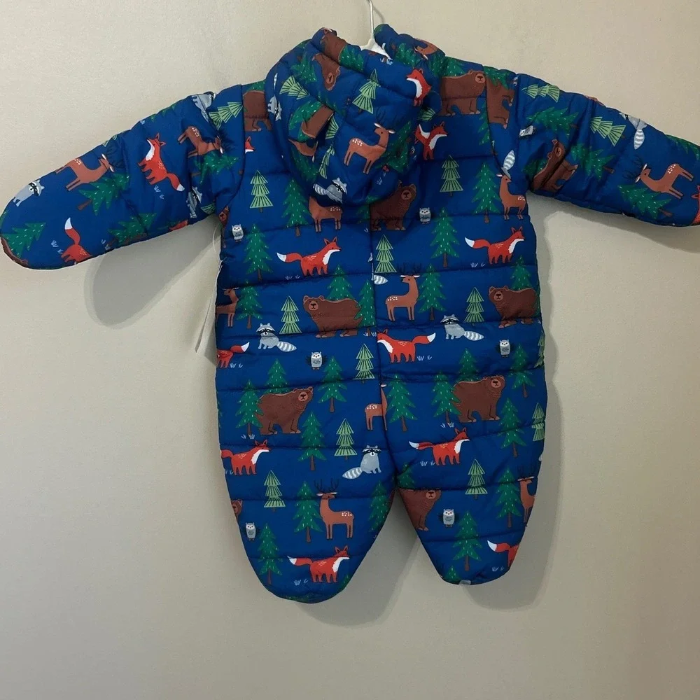 The Childrens Place Kids 0-3M Snowsuit Woodland Animal Puffer Bunting Blue
